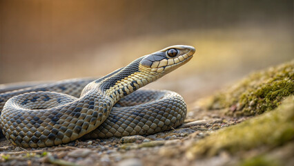 Obraz premium Close-up of a green snake resting on a forest floor
