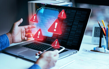 Person faced with data breach or attack from hacker or spyware.Data security for protection...
