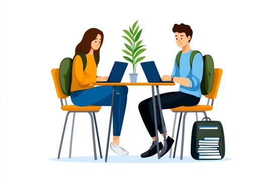 Bright 2D illustration of an adult class sitting at desks with laptops and books, clean and engaging on white