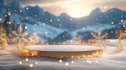 A festive podium with shimmering gold accents and frosted snowflakes, surrounded by subtle twinkling lights. The background shows a snowy mountain scene with glowing stars, providing ample space for
