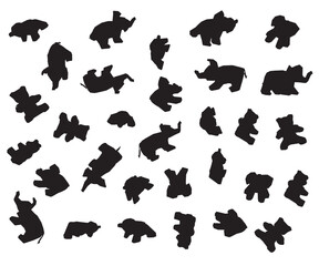 Background with many silhouettes of plush toys isolated on white background. Toys Elephants and bears. Vector illustration.