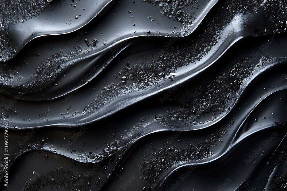 Poster sleek black rubber surface with textured waves and granules, creating dynamic visual effect. ideal f