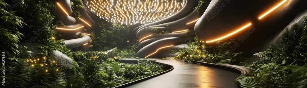 Poster a futuristic pathway surrounded by lush greenery and illuminated structures.