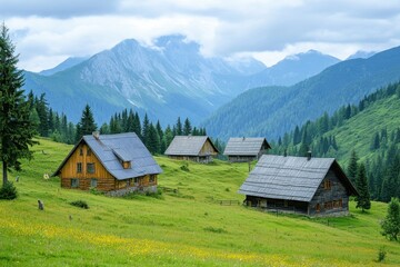 Obraz premium Picturesque alpine landscape with wooden cabins nestled in lush green mountains
