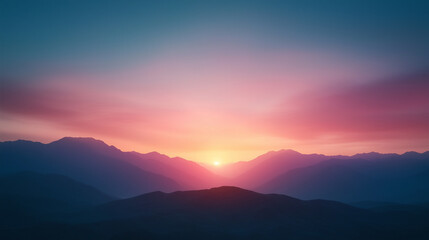 Obraz premium breathtaking sunset over mountain ranges, showcasing vibrant colors and serene beauty. soft hues of pink and orange blend seamlessly into blue sky, creating tranquil atmosphere.