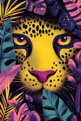 vibrant leopard face surrounded by colorful tropical leaves, showcasing striking yellow and purple hues. artwork captures sense of wild beauty and nature allure