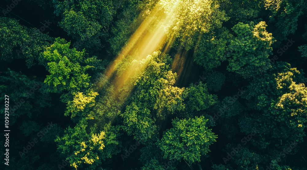 Poster Sunlight filtering through lush green treetops in a dense forest during midday creates a serene and vibrant atmosphere