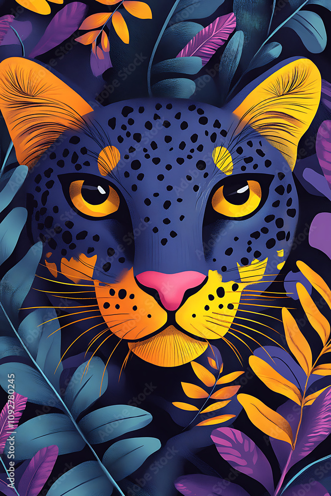Aufkleber vibrant leopard face surrounded by colorful leaves, showcasing striking design. bold colors and intr