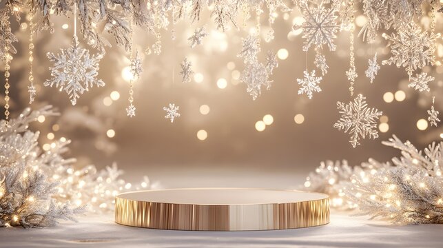 A luxurious, crystal podium surrounded by delicate white garlands and snowflakes. The backdrop features a serene, frosty landscape with a warm golden glow, creating the perfect empty space for