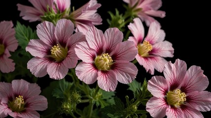 Blooming pink malva sylvestris on a black background