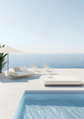 Fototapeta premium Minimalistic design, pool with a floating bed and table in the middle of an outdoor terrace overlooking the sea, beach chairs around it, Mediterranean style, white concrete floor, grey sand. 3D render