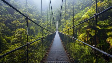 Obraz premium A suspension bridge stretches through a lush, misty rainforest.