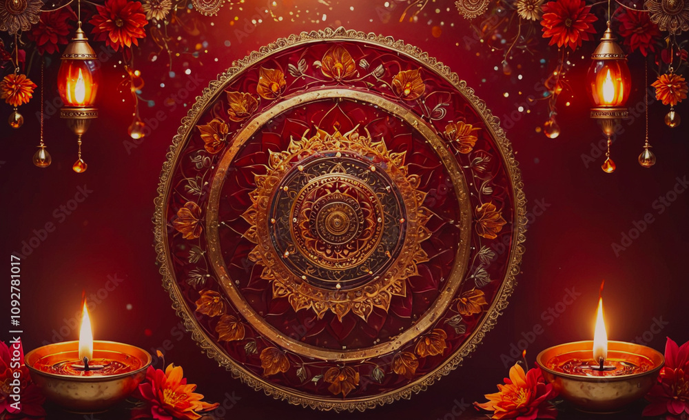 Poster Red and gold circle with a gold border. There are two candles in the circle. The circle is surrounded by a red background