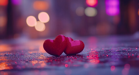 Hearts connected on a rainy street with colorful lights in the background during a romantic evening