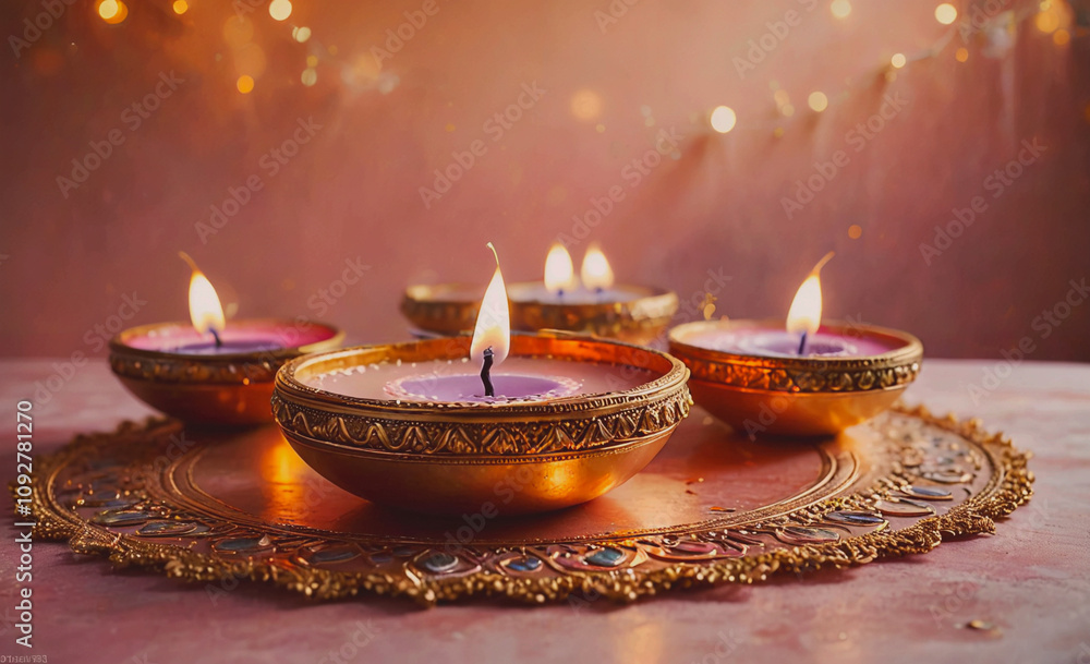 Poster table with four gold bowls with candles in them. the candles are lit and the bowls are arranged in a