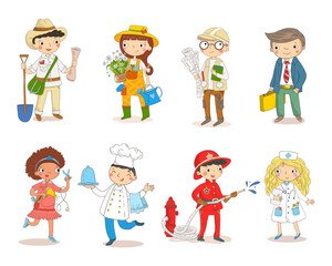 set of children dressed as various professionals, including a farmer, gardener, architect, businessman, fashion designer, chef, firefighter, and nurse.