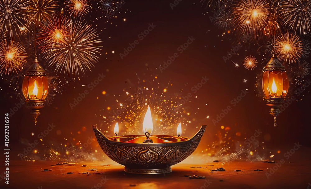 Poster lit candle is in a bowl with three other candles. the bowl is on a table. there are fireworks in the