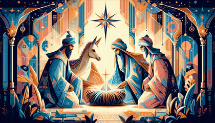 Fototapeta premium Artistic nativity scene featuring the three wise men and the baby Jesus in vibrant geometric patterns