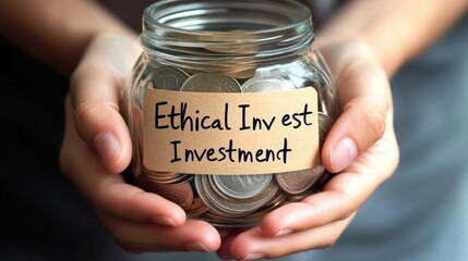 Close-Up of Hands Holding a Glass Jar Filled with Coins and Labelled Ethical Investment Representing Financial Growth and Responsible Investing Choices