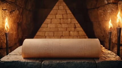 Ancient scroll in front of pyramids with torches, evoking mystery and history.