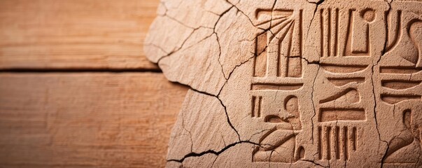 Obraz premium Ancient hieroglyphs carved into cracked clay, rustic wood background.