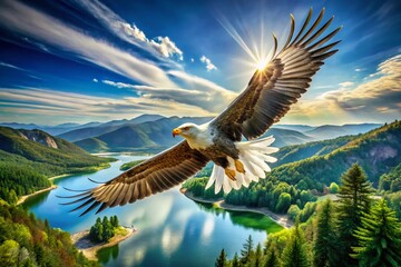 Fototapeta premium Majestic White Eagle in Flight Over Serene Landscape Capturing the Essence of Freedom and Strength in Nature's Breathtaking Beauty