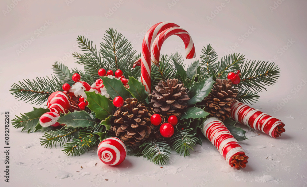 Poster festive arrangement of red berries and a candy cane, with the candy cane placed in the center of the