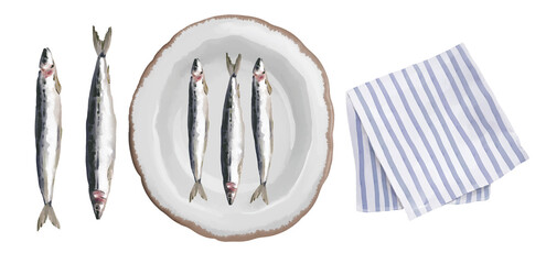 Hand drawn watercolor illustration sardines, towels, napkins and plate