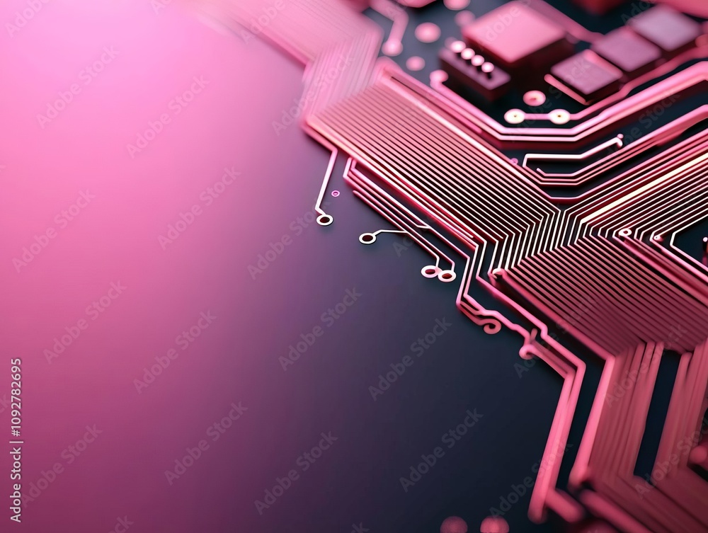 Poster close-up of a pink circuit board design showcasing intricate patterns and connections.