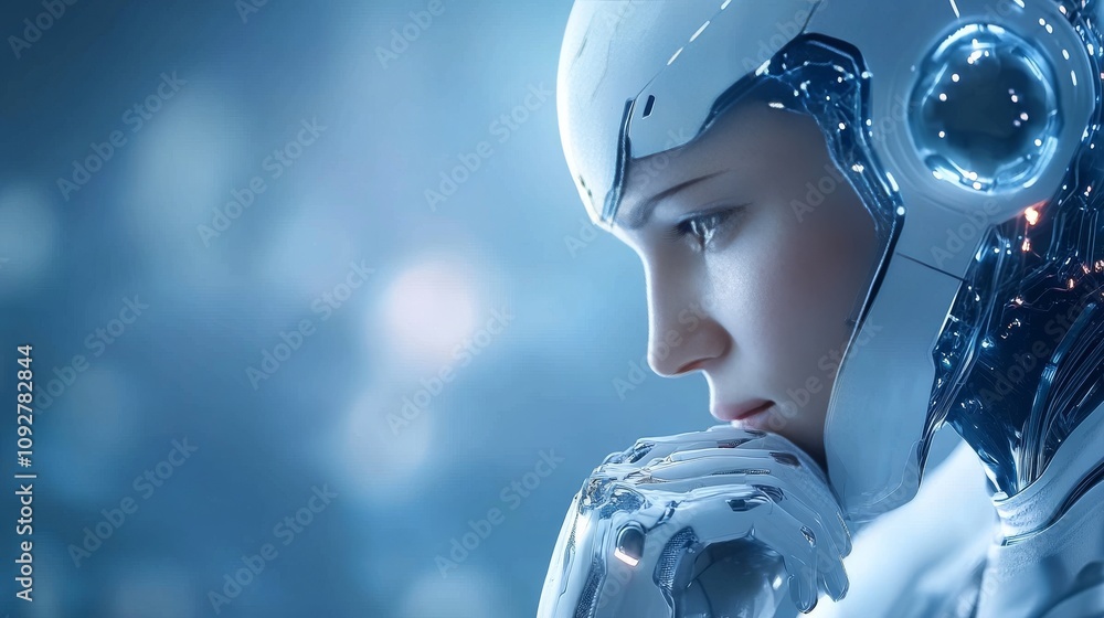 Poster futuristic portrait of a female robot with intricate details and advanced technology elements showca