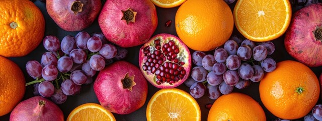 Vibrant display of fresh fruits including oranges, pomegranates, and grapes on a dark surface