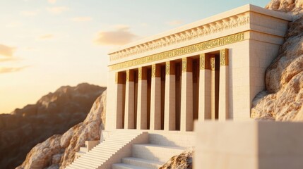Fototapeta premium Ancient temple on rocky terrain, bathed in warm sunset light.