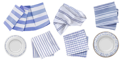Hand drawn watercolor illustration towels, napkins and plates