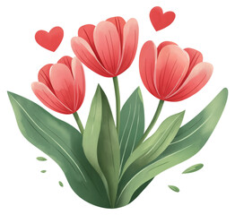Fototapeta premium Colorful bouquet of red tulips surrounded by hearts isolated on transparent background.