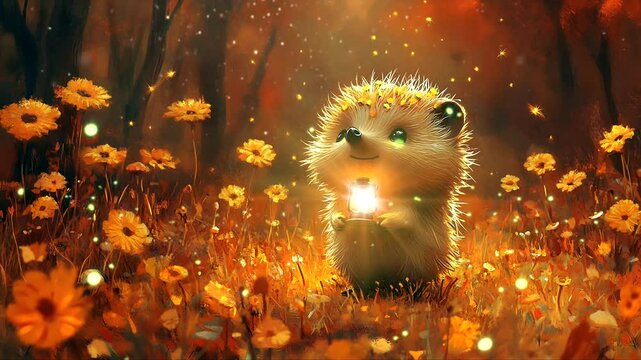 A glowing hedgehog sitting in a vibrant field of flowers under magical golden light. Seamless looping 4K time-lapse animation video background.
