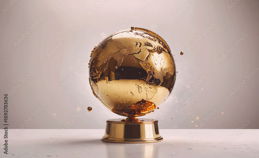 Poster gold globe sits on a table. the globe is surrounded by a lot of gold. the globe is very shiny and lo