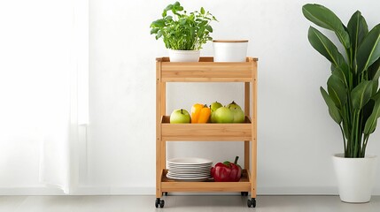 Bamboo eco-friendly of furniture. A wooden cart displays fruits and dishes, complemented by potted plants on top, against a bright, minimalistic background.
