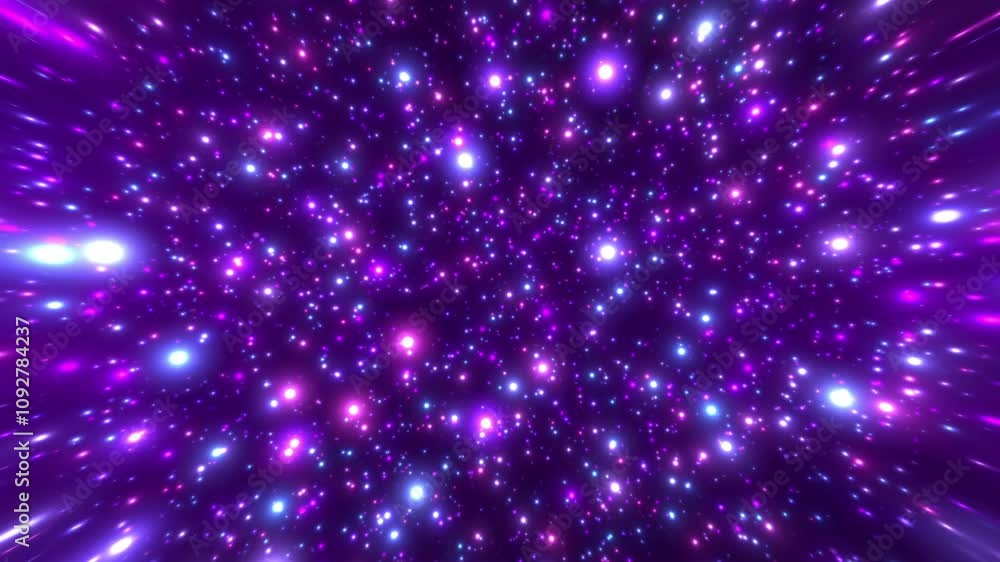 Poster flight of bright particles of light and dust in space, animation of luminous points of light. hypers