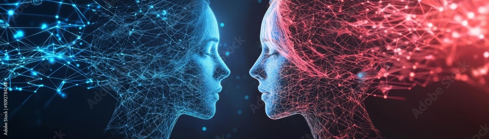 Poster conceptual image of ai interaction between digital human profiles in blue and red.