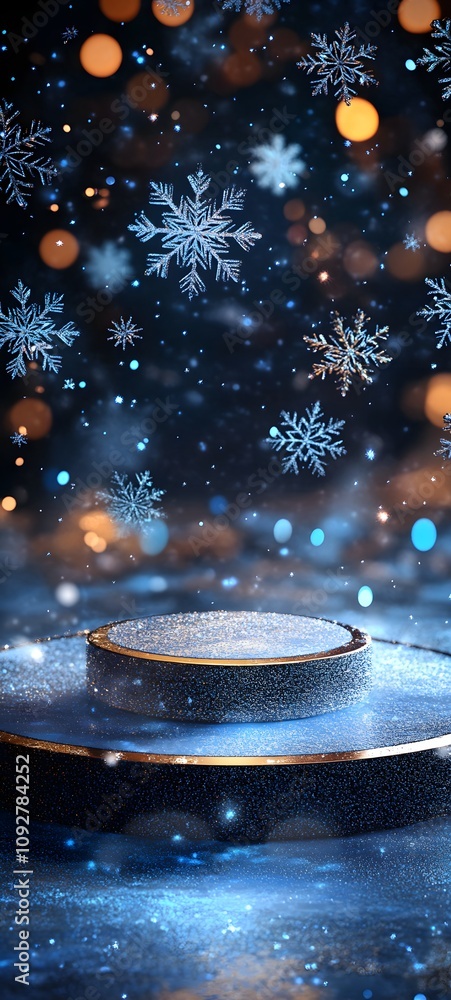 Poster a sparkling, ice-like christmas podium surrounded by floating snowflakes and soft blue lights, creat