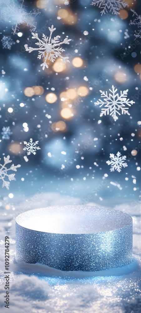 Poster a sparkling, ice-like christmas podium surrounded by floating snowflakes and soft blue lights, creat
