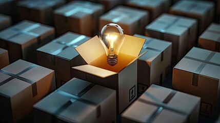 Creative idea emerges from a box surrounded by many closed packages in a dimly lit space