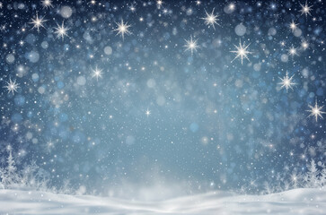 Fototapeta premium A magical snowy scene with sparkling stars and a textured blue background, evoking a festive and wintery atmosphere.