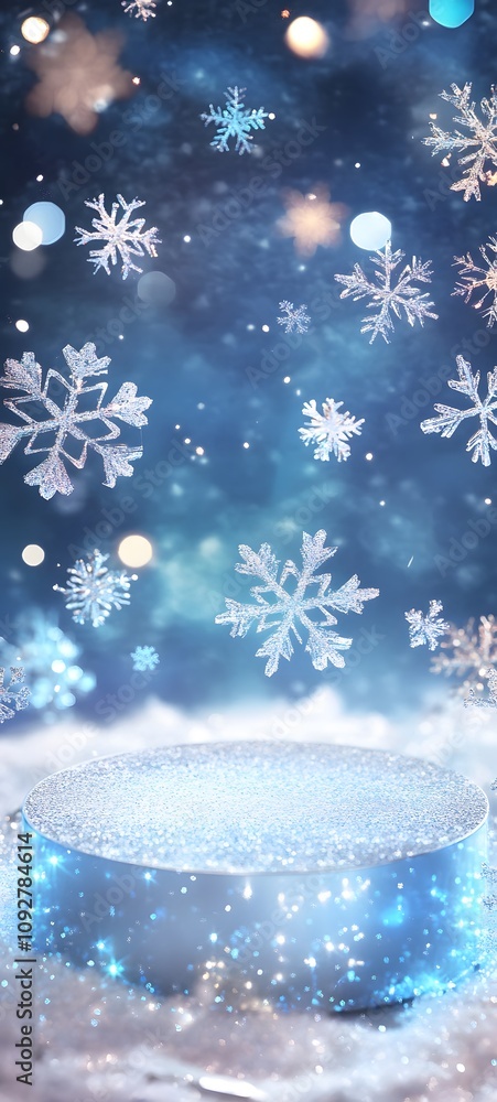 Poster a sparkling, ice-like christmas podium surrounded by floating snowflakes and soft blue lights, creat