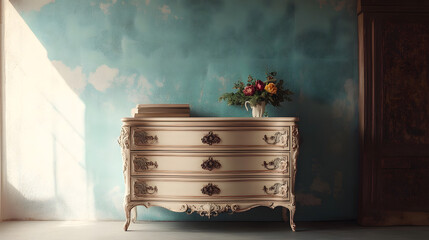 Vintage Dresser with Ornate Details Against Wall