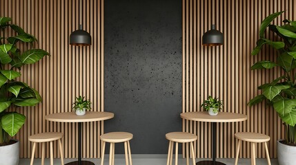 Bamboo eco-friendly of furniture. A modern, stylish interior featuring wooden wall panels, potted plants, and minimalist furniture with ambient lighting.