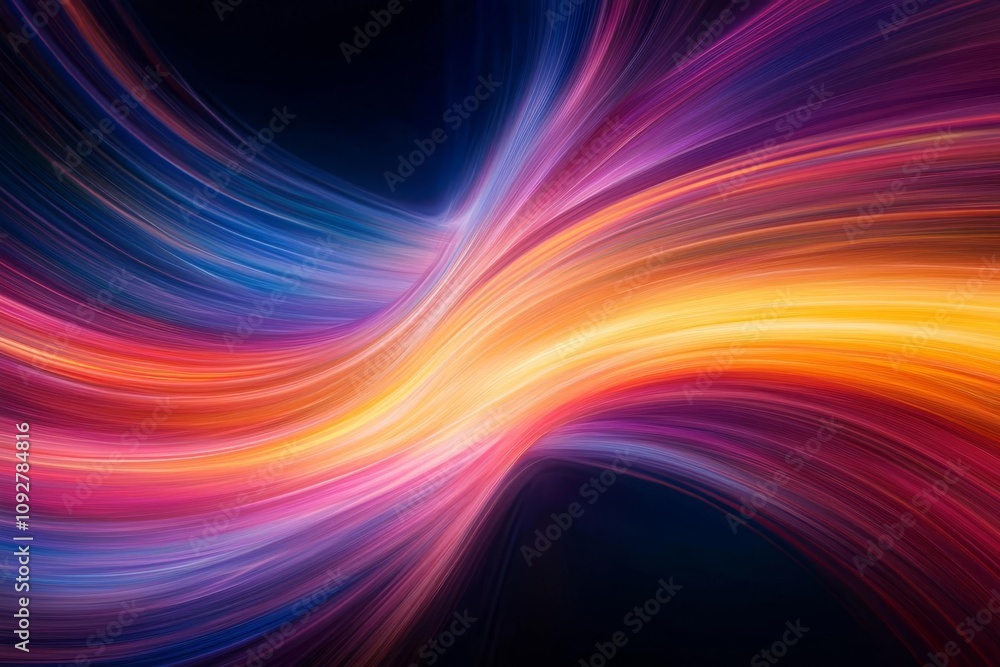 Poster vibrant abstract light waves in a colorful flow on a dark background, creating dynamic energy.