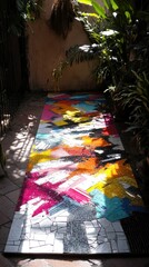 A vibrant, colorful mosaic pathway surrounded by lush greenery.