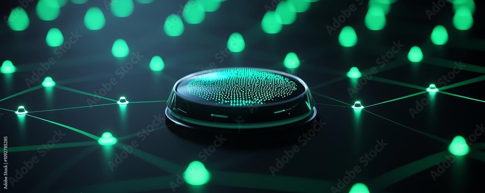 Poster a futuristic device surrounded by glowing green nodes representing connectivity.
