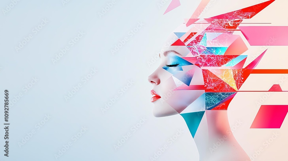 Poster abstract representation of a woman's face with colorful geometric patterns and shapes.